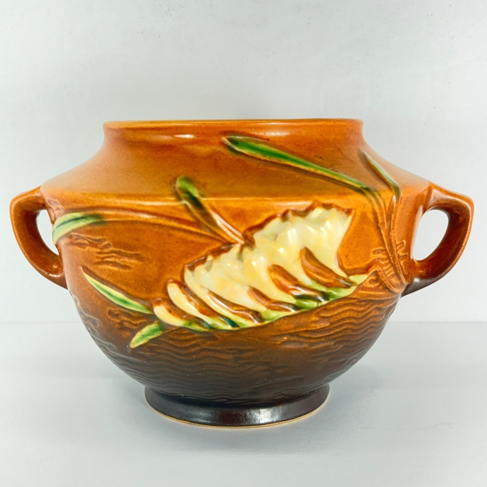 Vintage Roseville Freesia Vase 463-5 Brown Double Handled Art Pottery 5" Chip